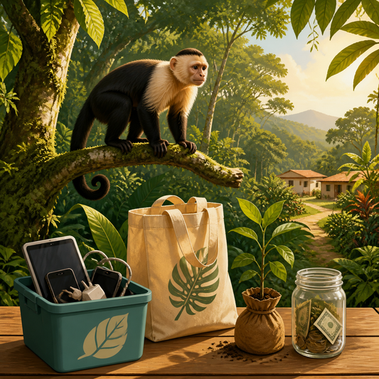 Capuchin monkey with practical electronics recycling and conservation actions