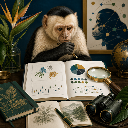 Capuchin monkey motif with charts field notes and primate research tools