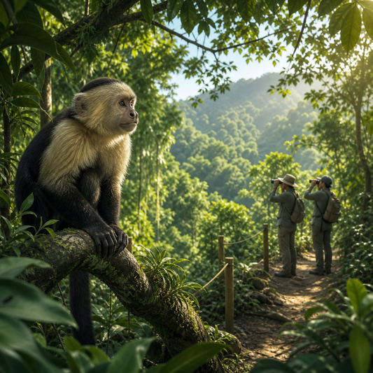 Wild capuchin monkey observed respectfully from a distant forest trail