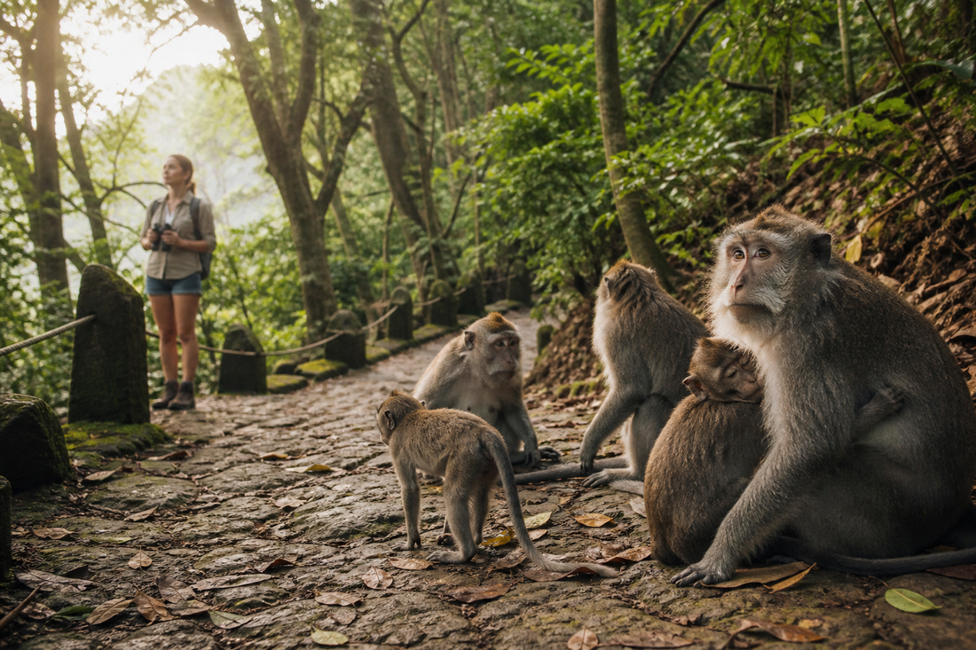Traveler observing macaque monkeys responsibly from a respectful distance on a forest trail