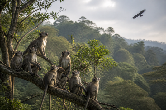 Alert monkey troop watching a distant eagle above the forest canopy