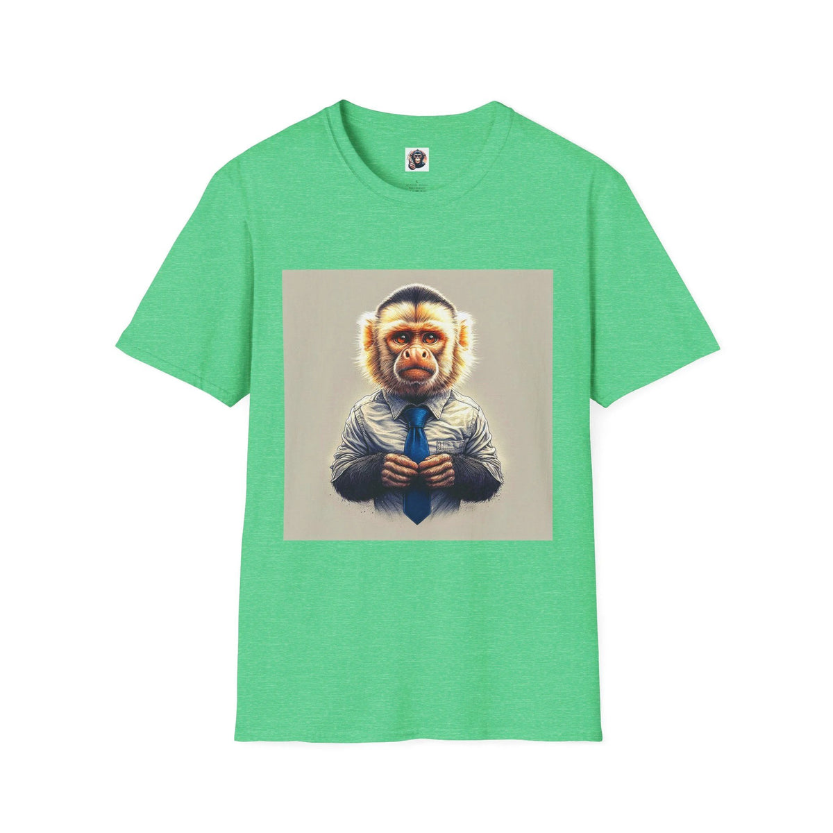 Capuchin Monkey Businessman Graphic Tee With Portrait Of Primate In Shirt And Tie Soft Cotton T-Shirt Printify S Heather Irish Green