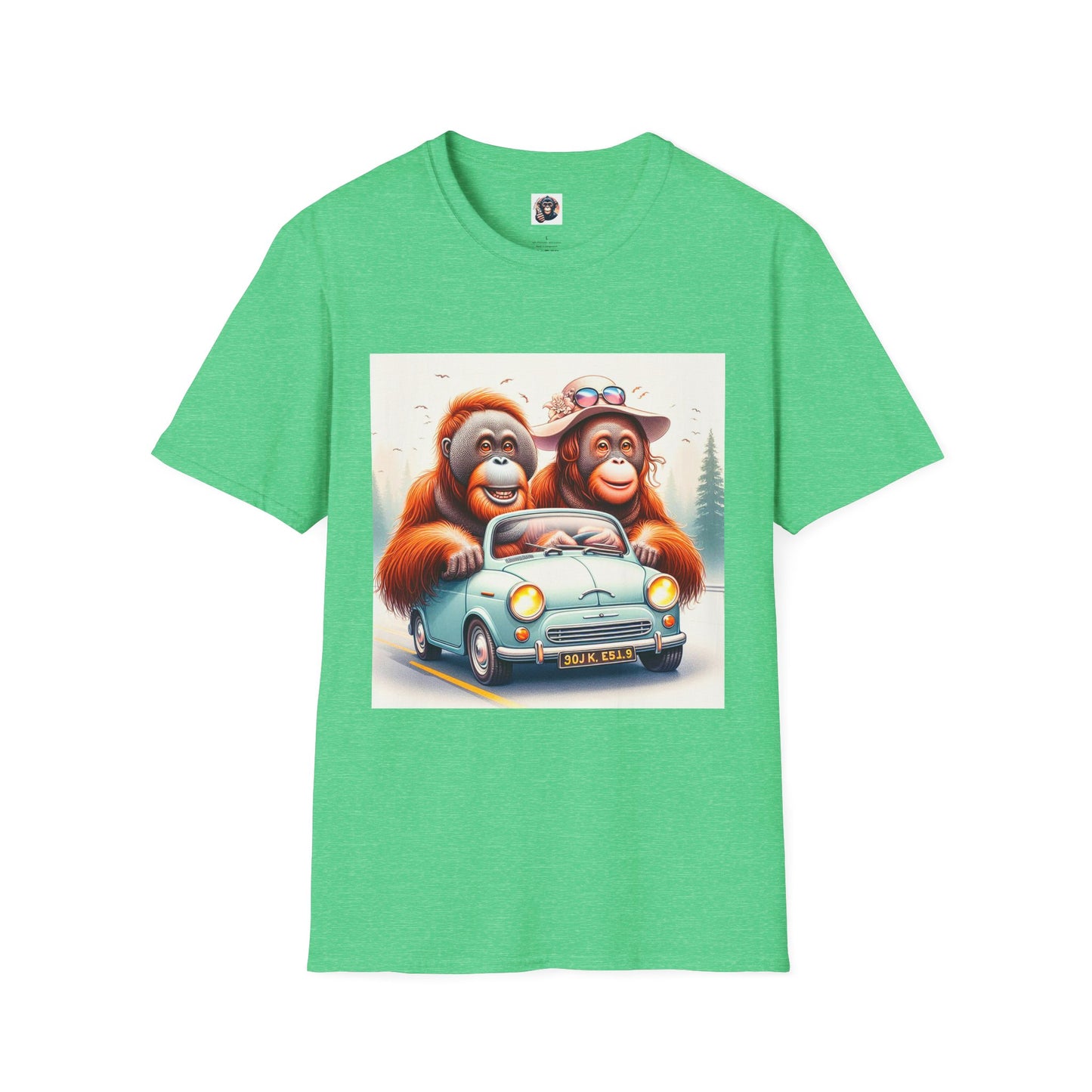 Orangutans blue car T-Shirt Printify S Heather Irish Green