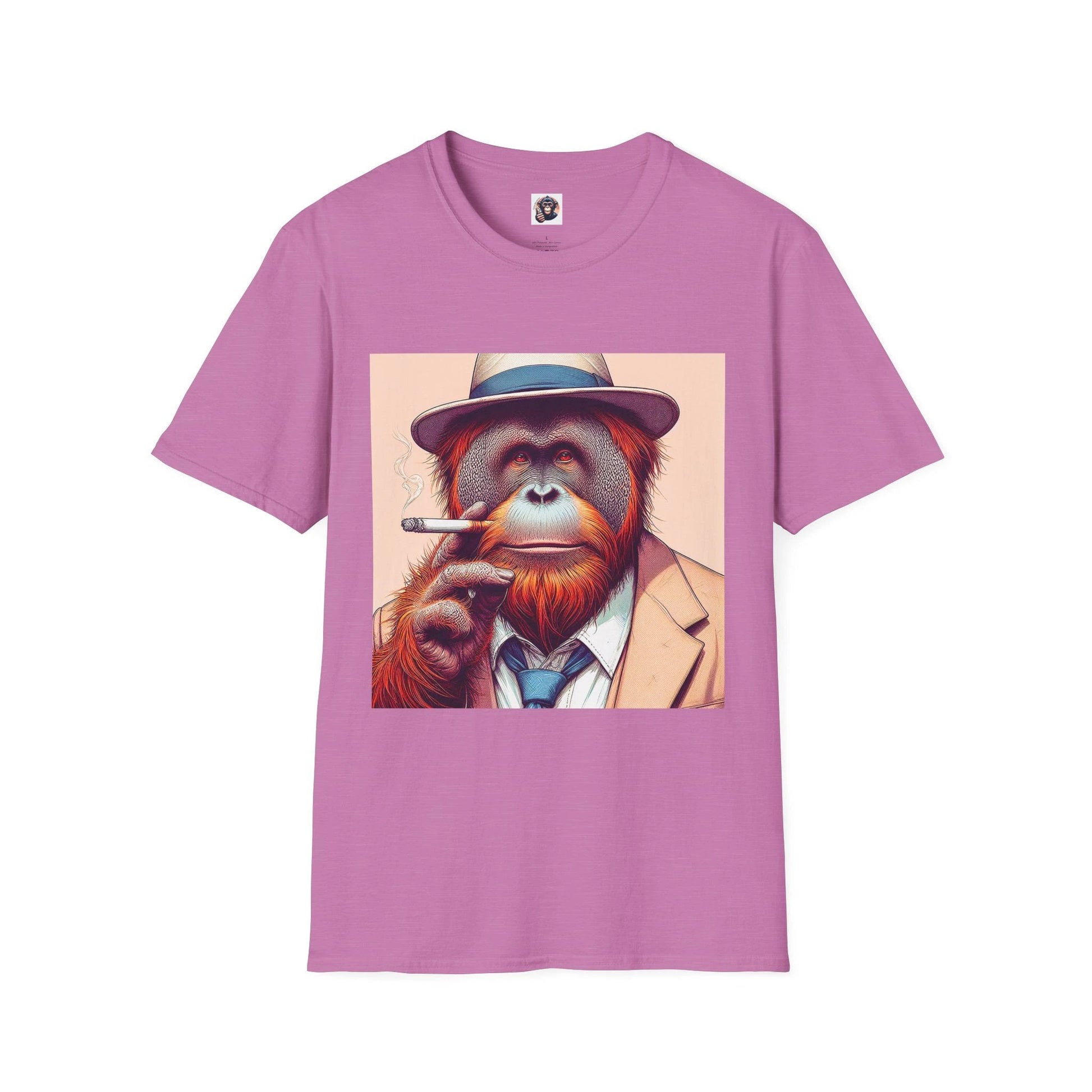 Orangutan Smoking Graphic T Shirt With Hat In Suit Creative Cotton Tee Unisex Short Sleeves T-Shirt Printify S Heather Radiant Orchid